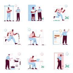 Morning Rush and Daily Struggles of Office Workers Running Against Time – Illustration Set 1
