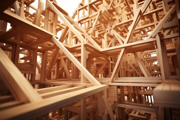 Intricate wooden framework creating a complex, abstract structure, possibly representing building construction or architectural design