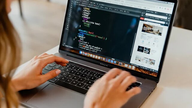 Female programmer types HTML code on a laptop keyboard. Web developer working on a new website design project. Handheld close-up shot with panning movement.