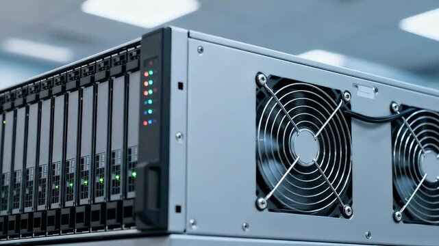 Data storage array with blinking LED indicator lights showing activity. IT infrastructure in a server room for cloud computing and big data. Close-up panning shot.