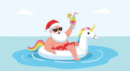 Santa Claus relaxing on a unicorn float with a cocktail.
