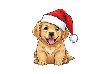 Adorable golden retriever puppy wearing a festive red santa hat isolated on transparent background
