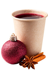 organic paper cup filled with mulled wine with christmas ball and ginger & cinnamon roll decor isolated over white (transparent) background