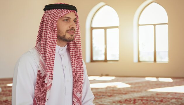 Thoughtful Muslim Man Standing In Mosque Prayer Hall.