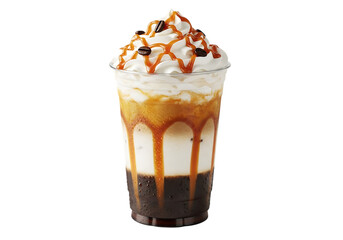 Delicious iced caramel coffee beverage with whipped cream and drizzle isolated on transparent background