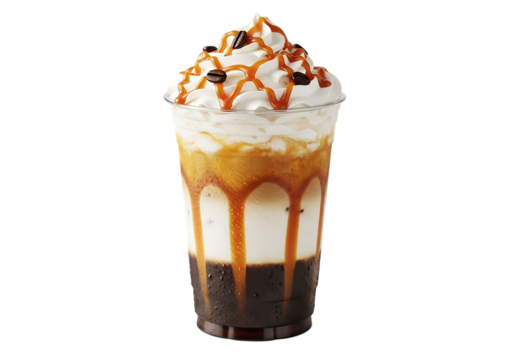 Delicious iced caramel coffee beverage with whipped cream and drizzle isolated on transparent background