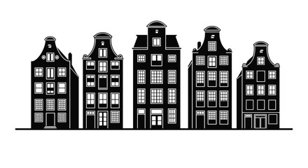 Monochrome graphic vector of historic Amsterdam architecture buildings.