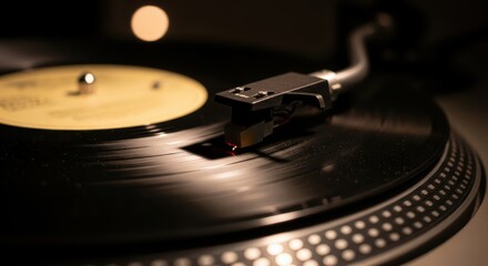 Close-up of stylus on spinning vinyl record in dimly lit setting