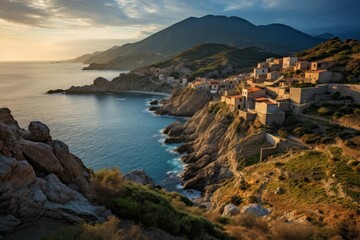 Fototapeta premium Picturesque village of nonza perched on a cliff overlooking the mediterranean sea at sunset, illuminated by golden light, in cap corse, france