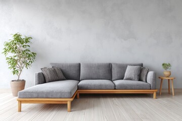 Fototapeta premium Modern sectional sofa with wood frame and decor against textured wall.