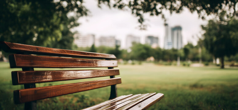 empty brown wooden bench in quiet city park surrounded by lush green trees under warm afternoon light, with blurred background enhancing depth and tranquil, reflective atmosphere of solitude - Powered by Adobe