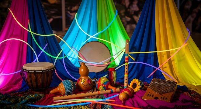 Global Rhythms: Vibrant Instruments and Neon Lights