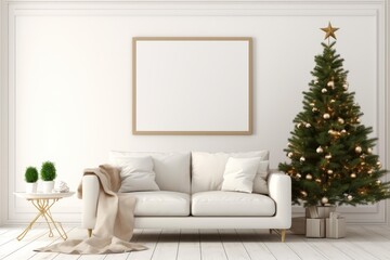 Festive living room with christmas tree, white sofa, and blank frame, perfect for holiday mockups and seasonal greetings