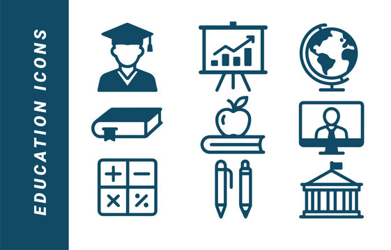 Academic Structure and Assessment Icons. Curriculum, Testing, Grading, and School Administration Symbols. Outline Vector Collection.
