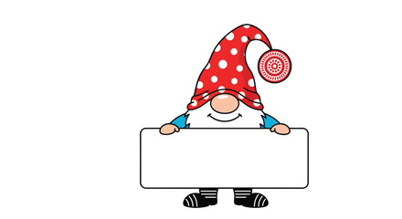 Cute cartoon gnome character holding a blank white sign for text.