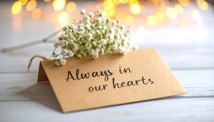 Thoughtful card with heartfelt message and delicate flower on a wooden table, creating a warm atmosphere with soft bokeh lights in the background
