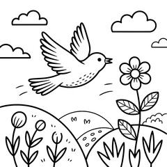 Detailed Black Outline Cartoon: Flying Bird, Three Clouds, Large Flower, and Rolling Landscape with Varied Flora in a Coloring Book Style