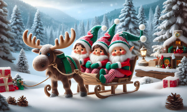 Elfen und Wichtel  sitzen zur Weihnachtszeit in einem Schlitten mit Rentier und fahren durch eine verschneite Weihnachtslandschaft