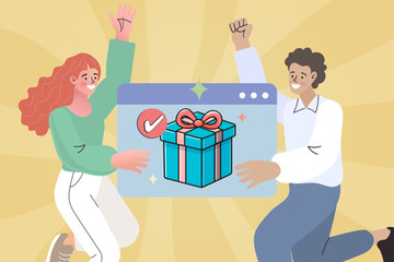 An excited man and woman jump for joy, holding a browser window displaying a confirmed gift box. This represents receiving a digital reward, bonus, or prize online from a contest or loyalty program.