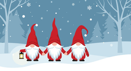 Three festive gnomes holding hands in a snowy winter scene.