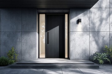 Modern concrete facade features a dark entry door and accent lighting.