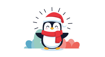 Adorable Penguin Wearing Santa Hat and Red Scarf for Christmas Celebration.