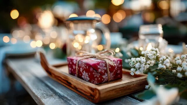 Rustic wooden sleigh with red Christmas gift wrapped in snowflake paper and twine, surrounded by glowing festive lights and flowers