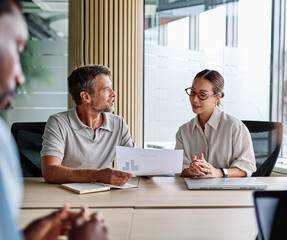 Portrait of young businesswoman and mid aged businessman having a meeting or presentation and...