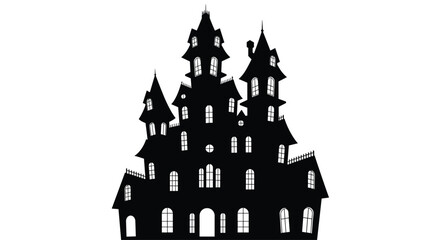 Spooky Haunted House Silhouette with Glowing Windows.