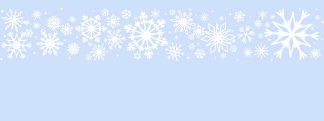 Snowflake border. Winter Holiday Background for ads, greeting, festive design header. Copy space. Christmas banner or Greeting Card Template. Vector Light Blue Background