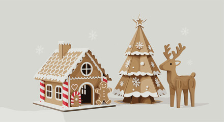 Festive gingerbread house Christmas tree and wooden reindeer decorations.