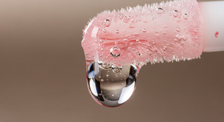 Large Clear Water Drop Hanging from Pink Lip Gloss Applicator Macro
An extreme macro close-up of a pink lip gloss or lip product applicator wand, laden with product and moisture