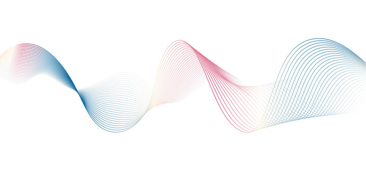 Abstract colorful wave background with smooth flowing gradient lines in blue, pink, and red tones on white backdrop. Minimal design concept for technology, sound, or digital art themes.