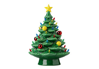 Vintage ceramic christmas tree with star and colorful ornaments isolated on transparent background