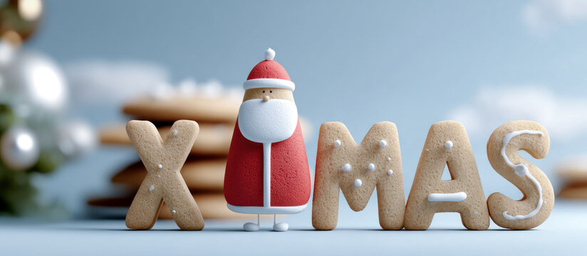 Santa standing in front of giant Christmas cookies shaped letters XMAS, bright festive theme, sky background with space for advertising