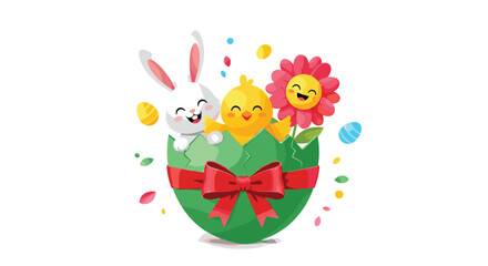 Adorable Easter Bunny and Chick in a Festive Egg with Flower.
