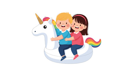 Two happy children riding a white unicorn float together.