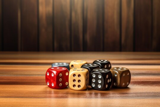 Colorful dice on a wooden table create an inviting scene for a game, symbolizing chance, risk, and strategy