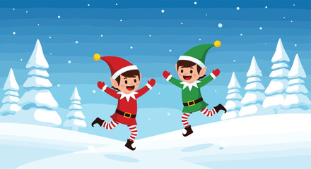 Two cheerful young elves in festive attire jumping with joy.
