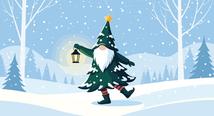 Charming Christmas Gnome in Tree Costume with Lantern.