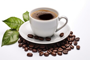 Fototapeta premium Coffee cup filled with aromatic coffee sits on a bed of coffee beans, accompanied by vibrant green leaves, creating a visually appealing scene