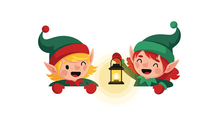 Two cheerful Christmas elves holding a glowing lantern.