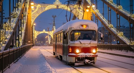 Vintage tram on snowy bridge with festive lights at dusk