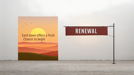Poster with sunrise scene and hanging Renewal sign outside