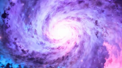 Spiral galaxy with a bright glowing center surrounded by cosmic dust clouds. A journey through deep space with stars and nebulae. Forward camera movement. - Powered by Adobe