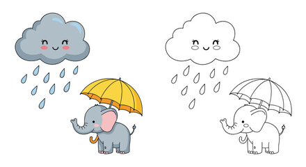 Cute elephant under umbrella enjoying rainy weather with happy cloud.