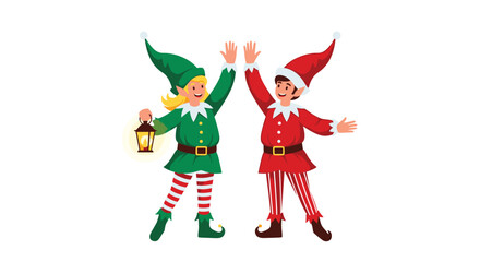 Festive Christmas Elves Celebrating with High Fives and Holiday Cheer.