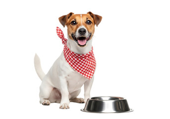 Happy jack russell terrier dog wearing red bandana sits beside empty metal food bowl isolated on transparent background