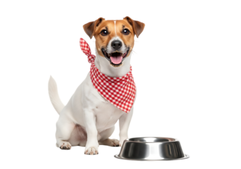 Happy jack russell terrier dog wearing red bandana sits beside empty metal food bowl isolated on transparent background