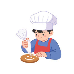 Cartoon chef in uniform and hat holds a pan and a ladle in a restaurant kitchen setting for cooking a gourmet meal